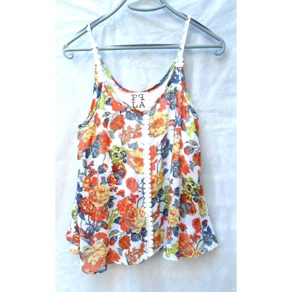 PPLA Clothing Women Floral Tank Top L Cream Rust Black Yellow Sheer Lined - Picture 1 of 4